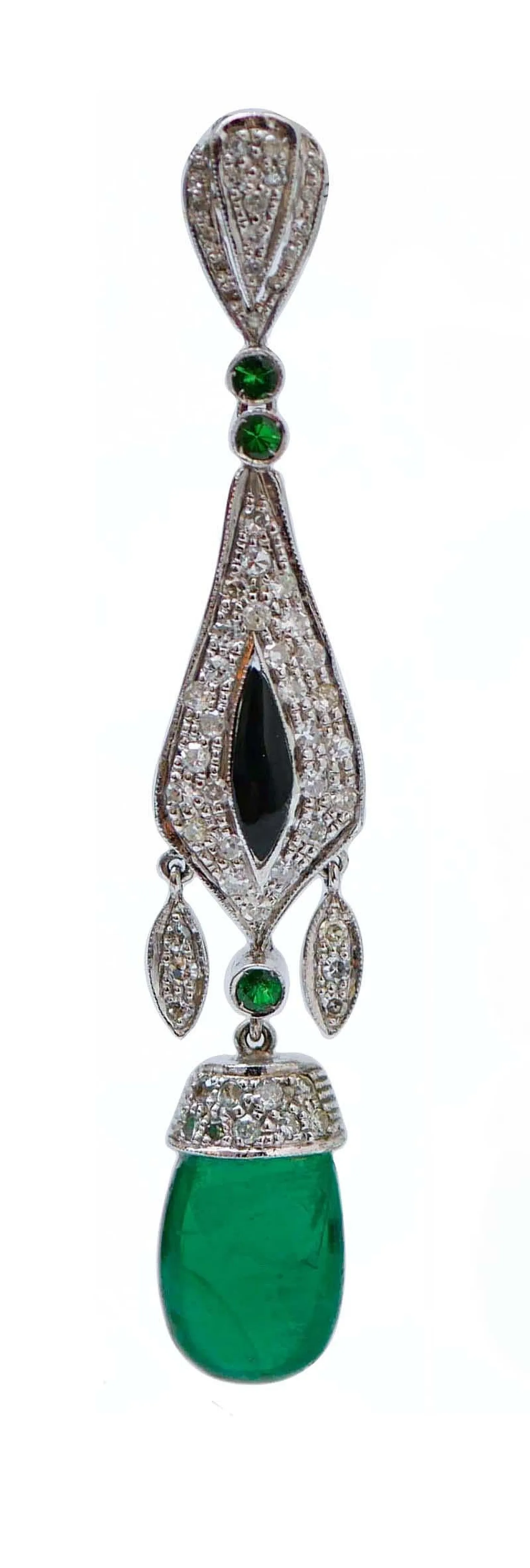 Platinum earrings with emeralds, tsavorite, diamonds, onyx, 1960s 2