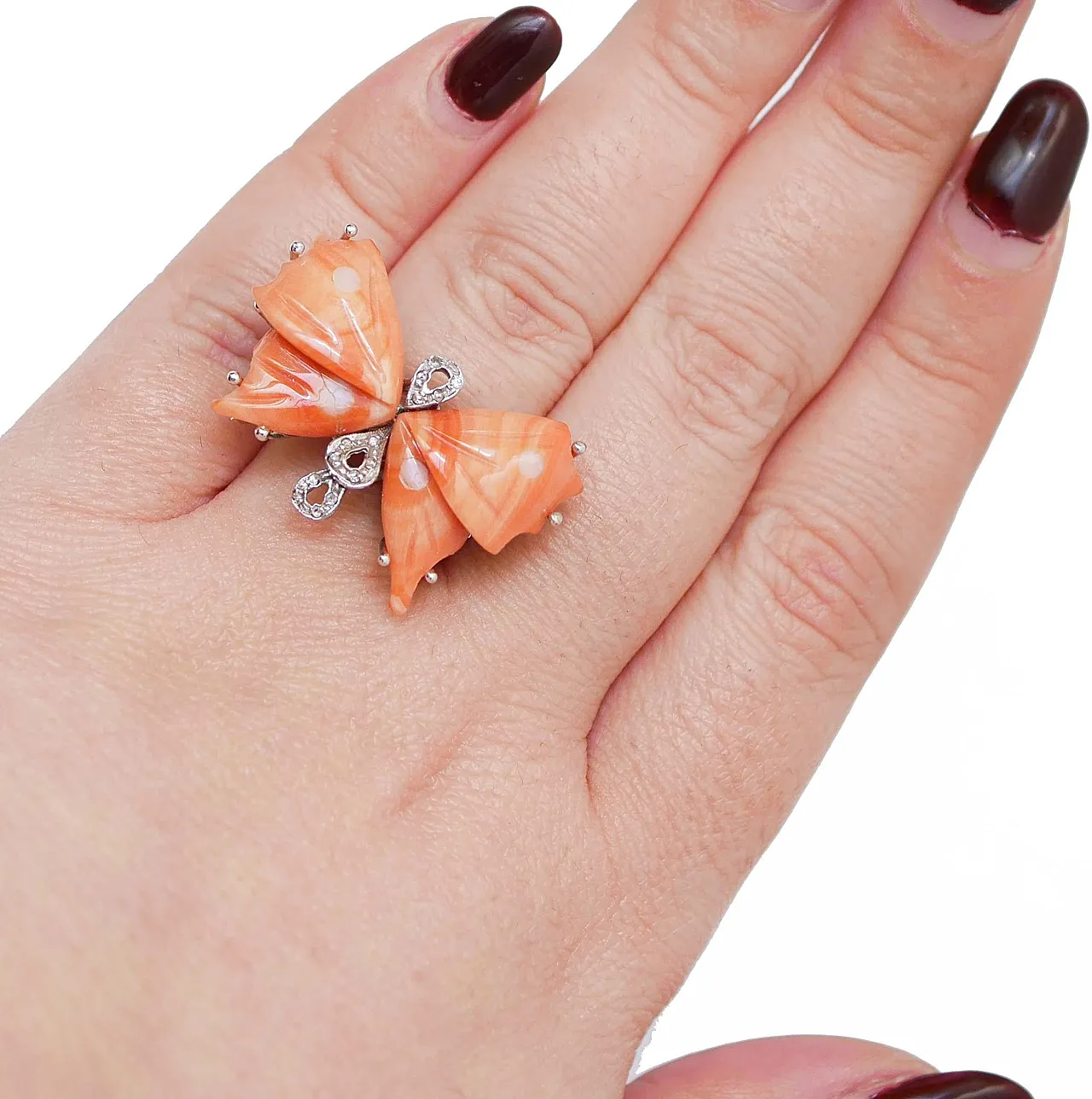 Coral, diamonds, 14 karat white gold butterfly ring, 1950s 5