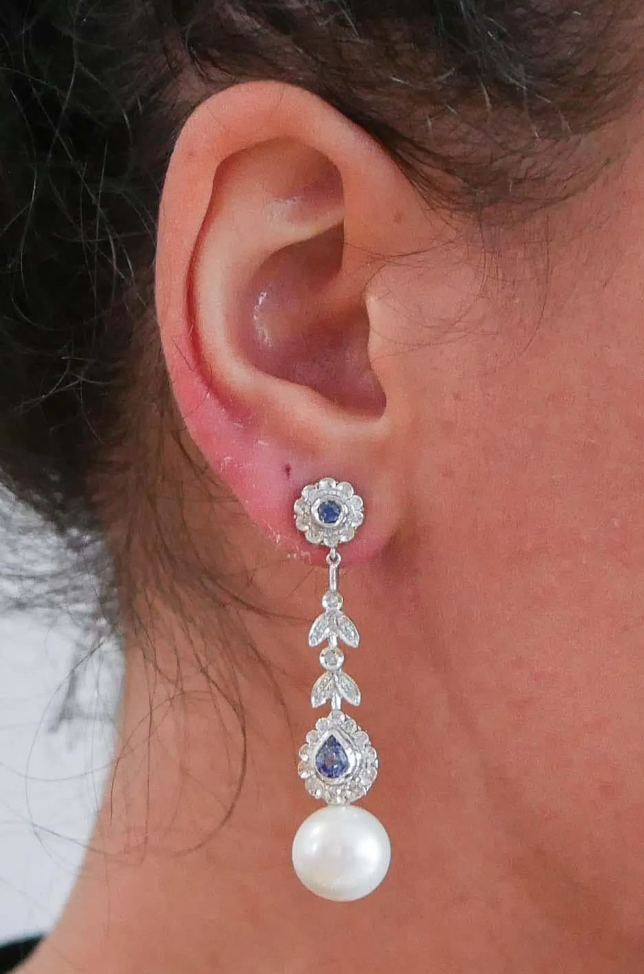 Platinum earrings with white pearls, sapphires, diamonds, 1970s 5