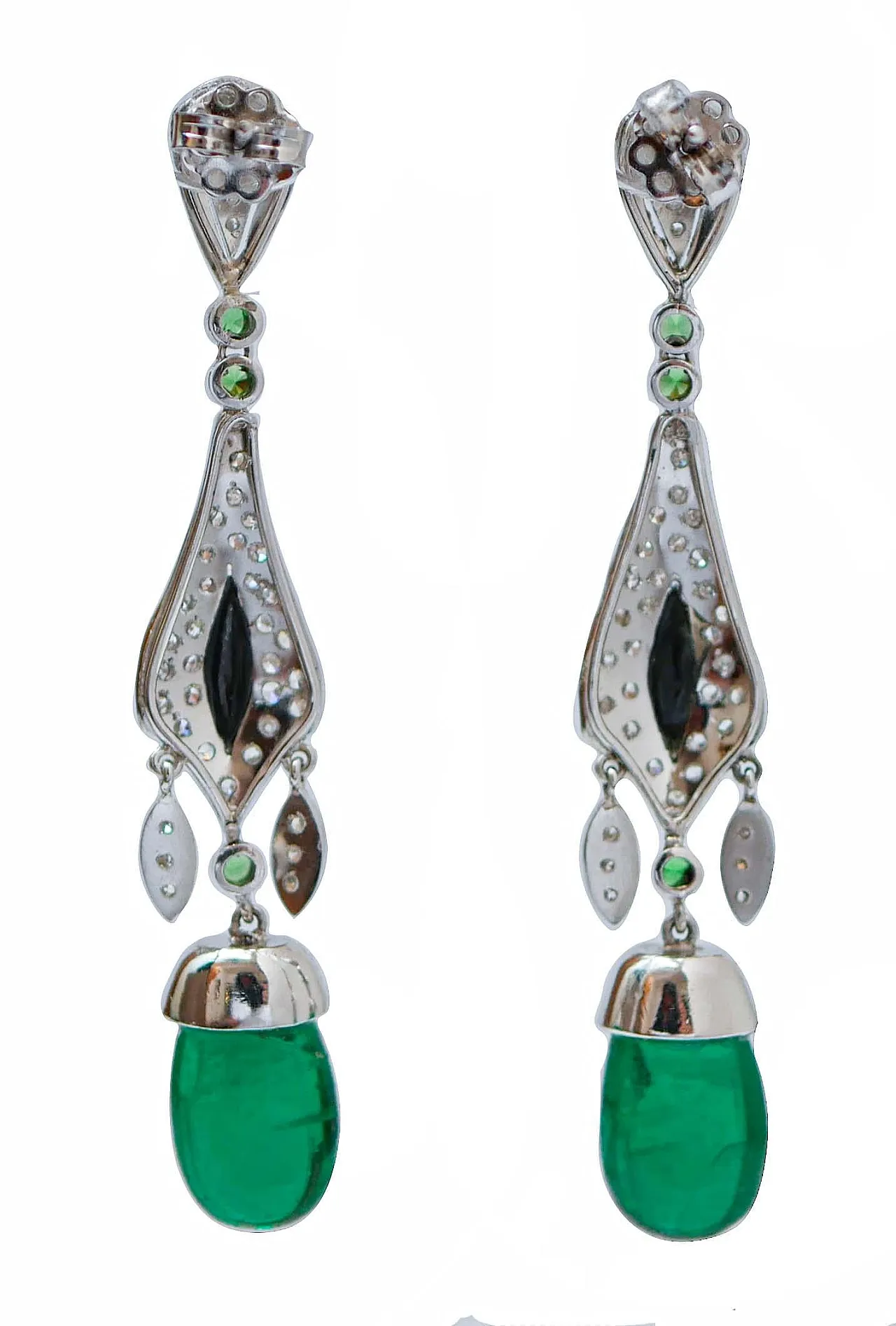 Platinum earrings with emeralds, tsavorite, diamonds, onyx, 1960s 3