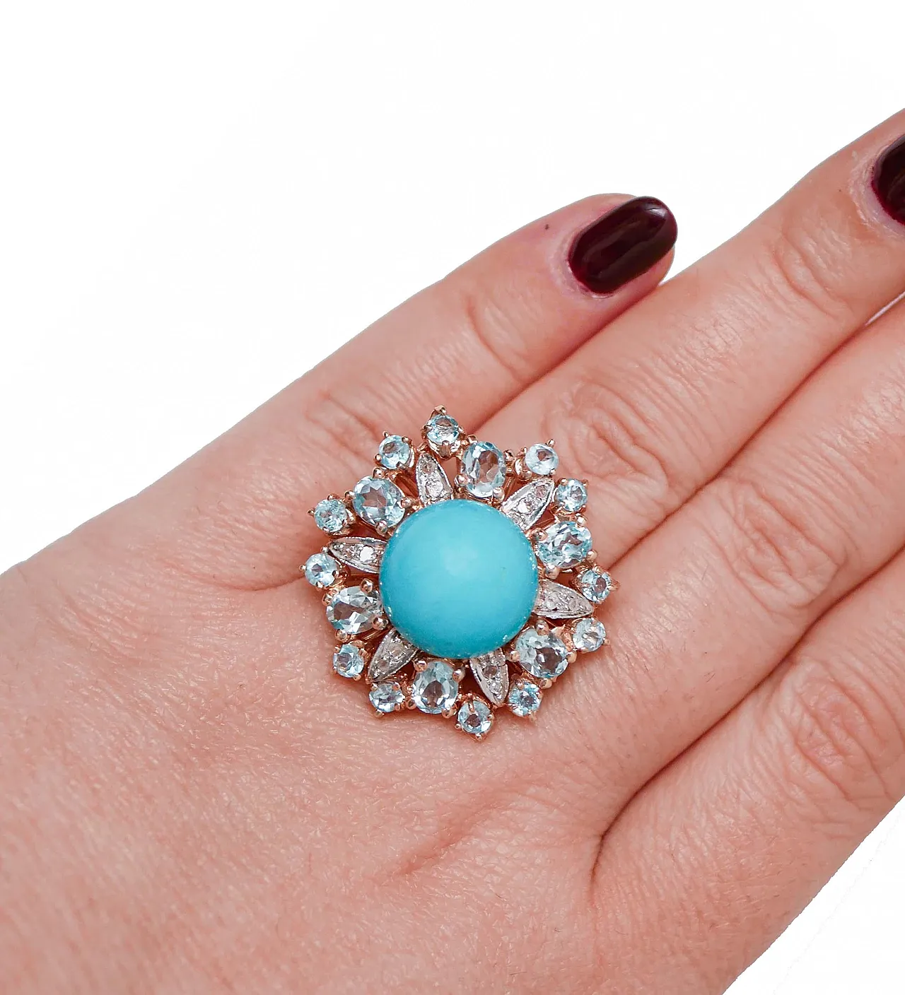 Anello in oro rosa e argento con topazi, magnesite, diamanti, anni '70 5