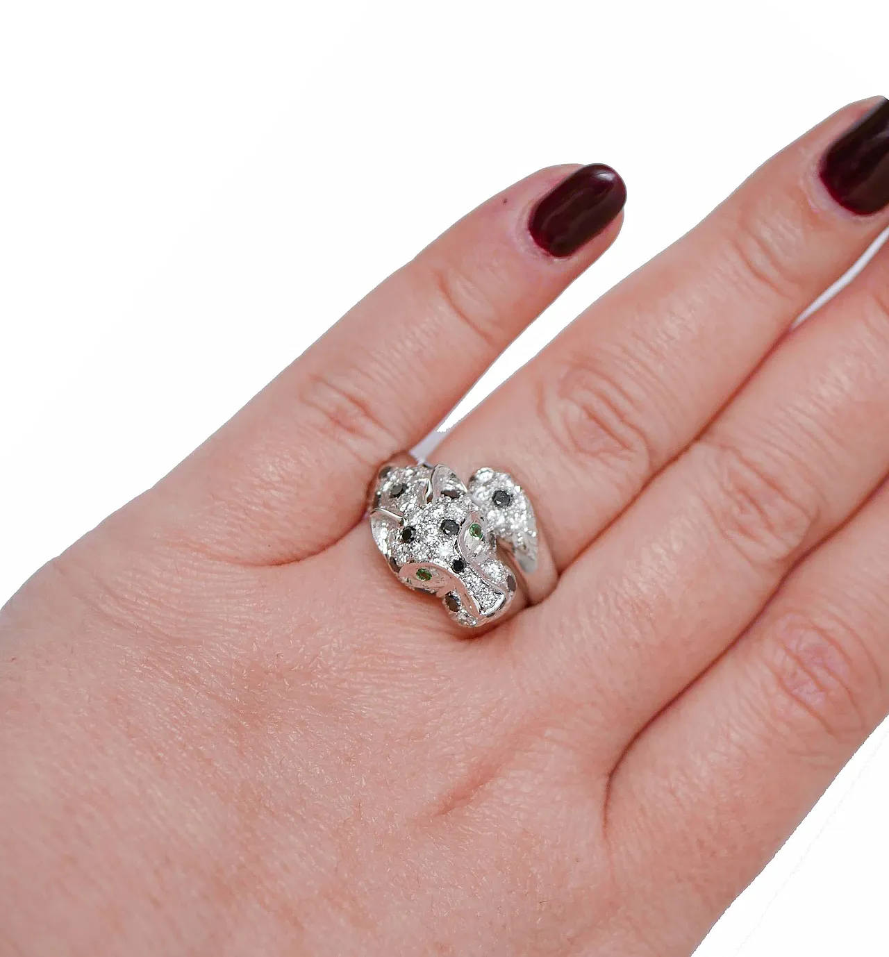 Anello con tsavorite, diamanti, oro bianco 18 carati, anni '70 5