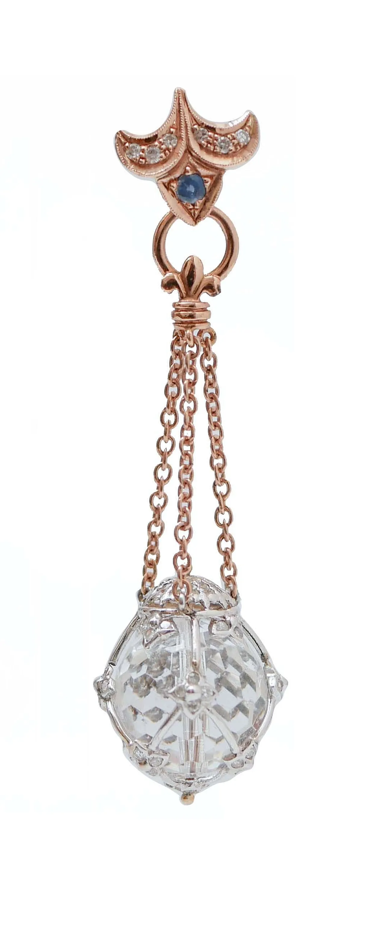 Orecchini in cristallo di rocca, diamanti, zaffiri, oro, anni '70 2