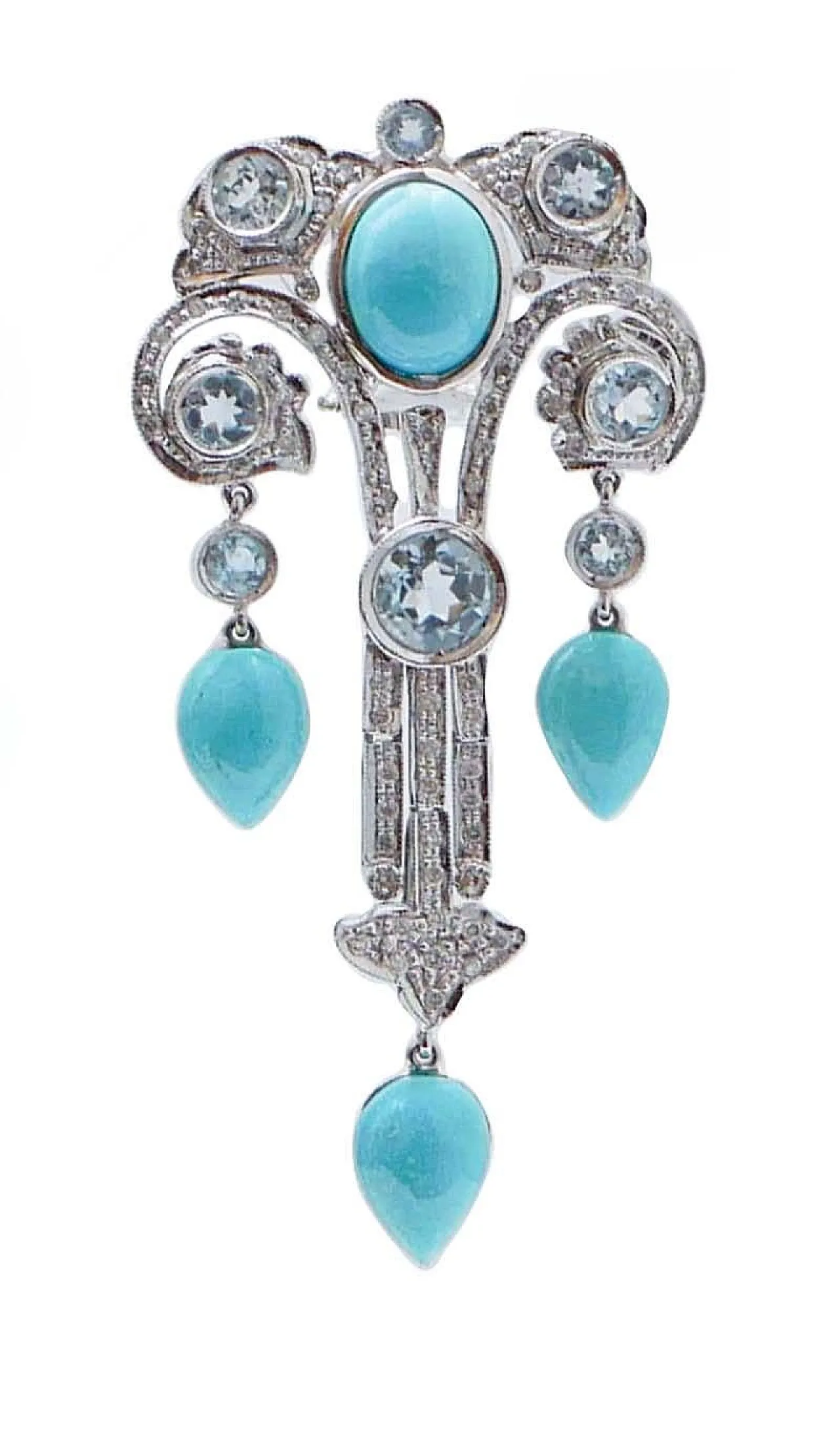 Orecchini in platino e oro con topazi turchese, diamanti, anni '70 2