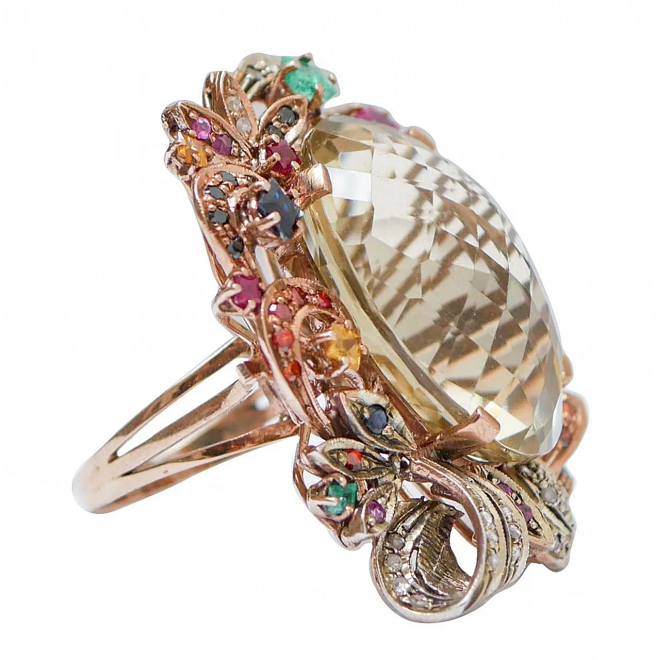 Anello con topazio, smeraldi, rubini, zaffiri, diamanti, anni '60 2