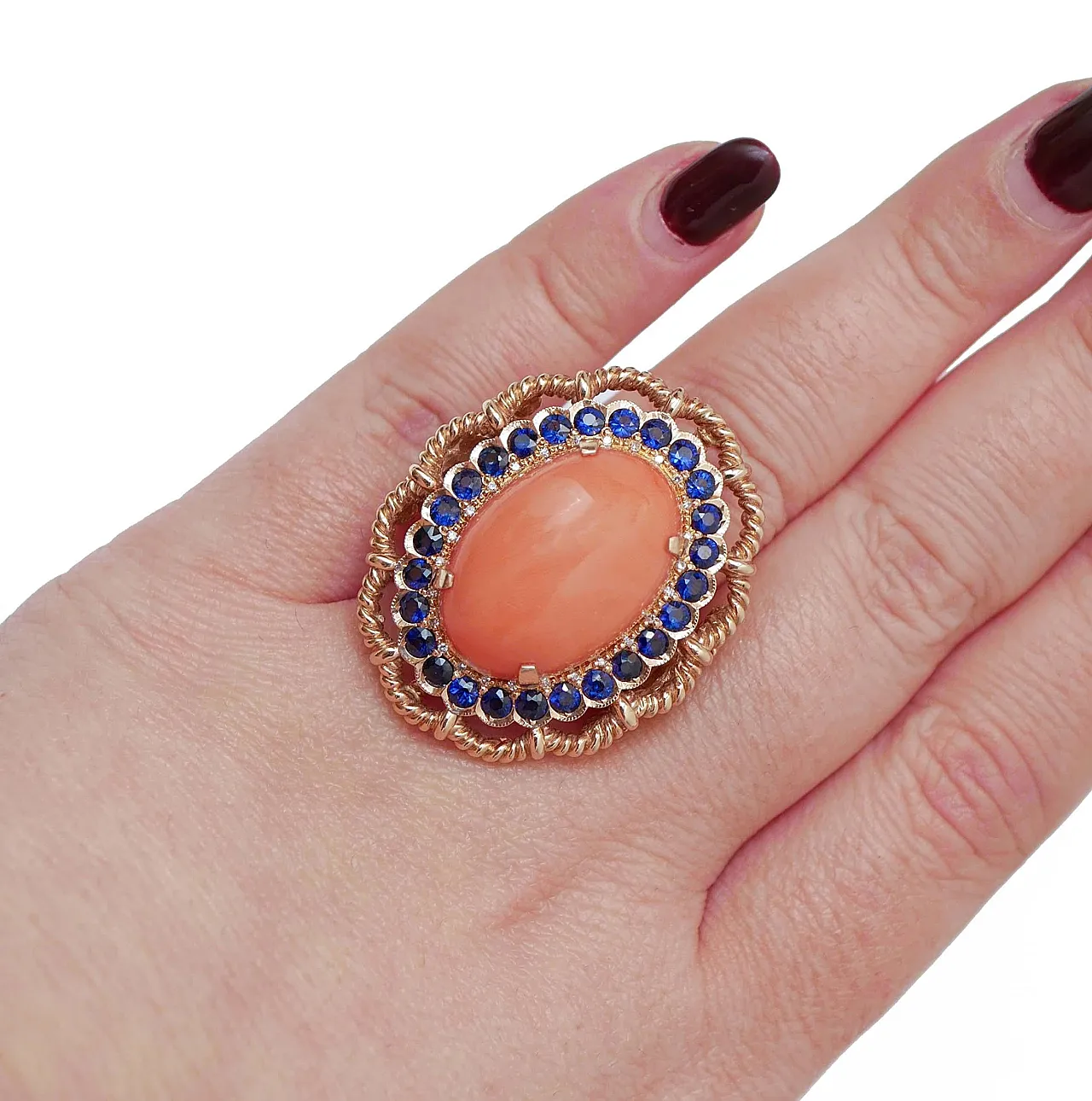 Ring with large coral, sapphires, diamonds, pink gold, 1950s 5
