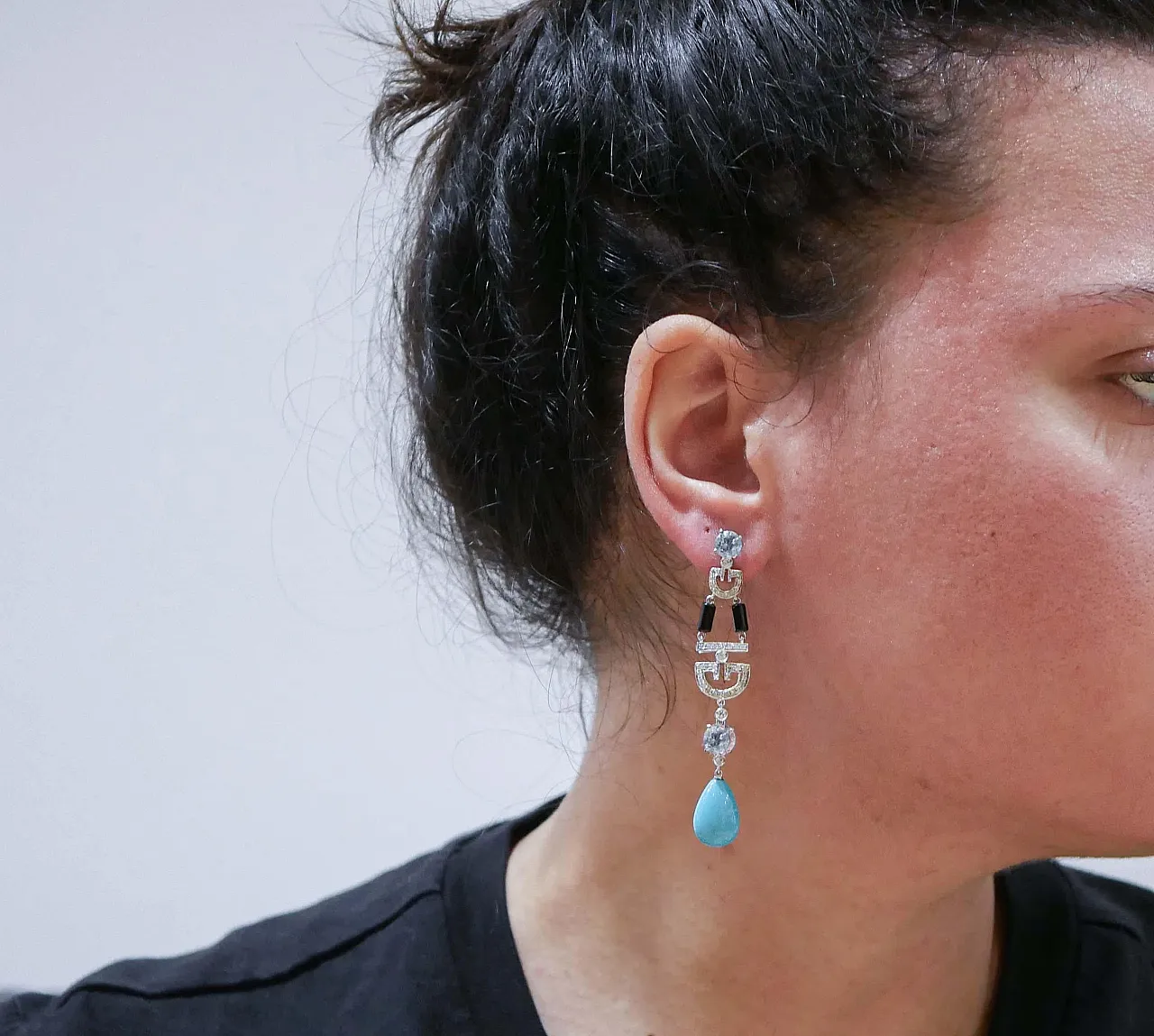 Earrings with turquoise, onyx, topaz, diamonds, platinum, 1970s 4