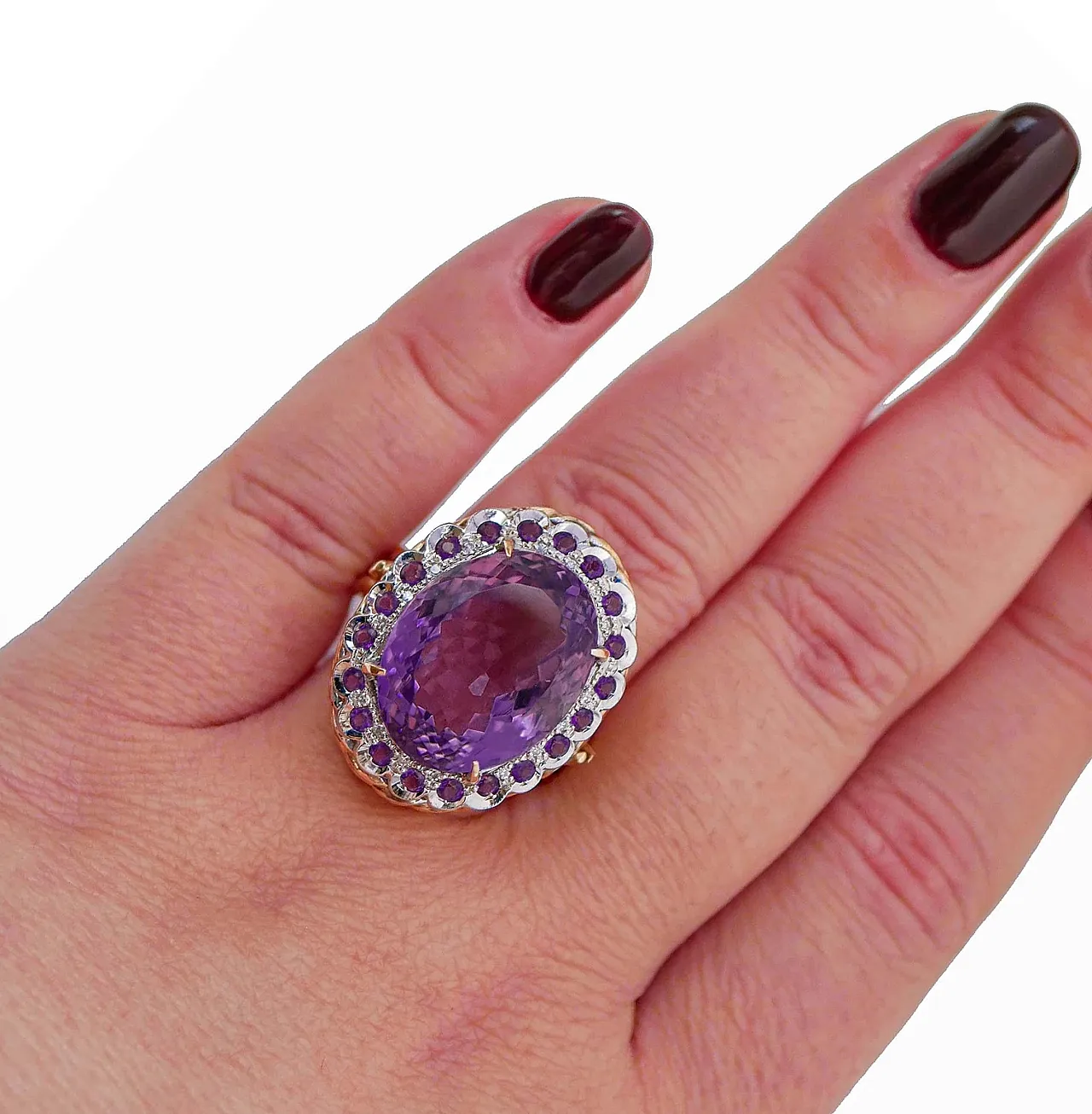 Anello con ametiste, diamanti, oro rosa 14 carati, anni '60 5