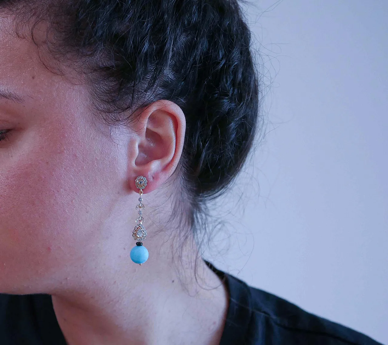 Orecchini magnesite, topazi, diamanti, onice, oro e argento, anni '60 4