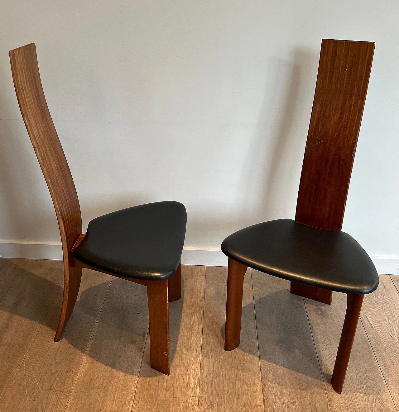Pair of exotic wood and black leather chairs, 1970s 2