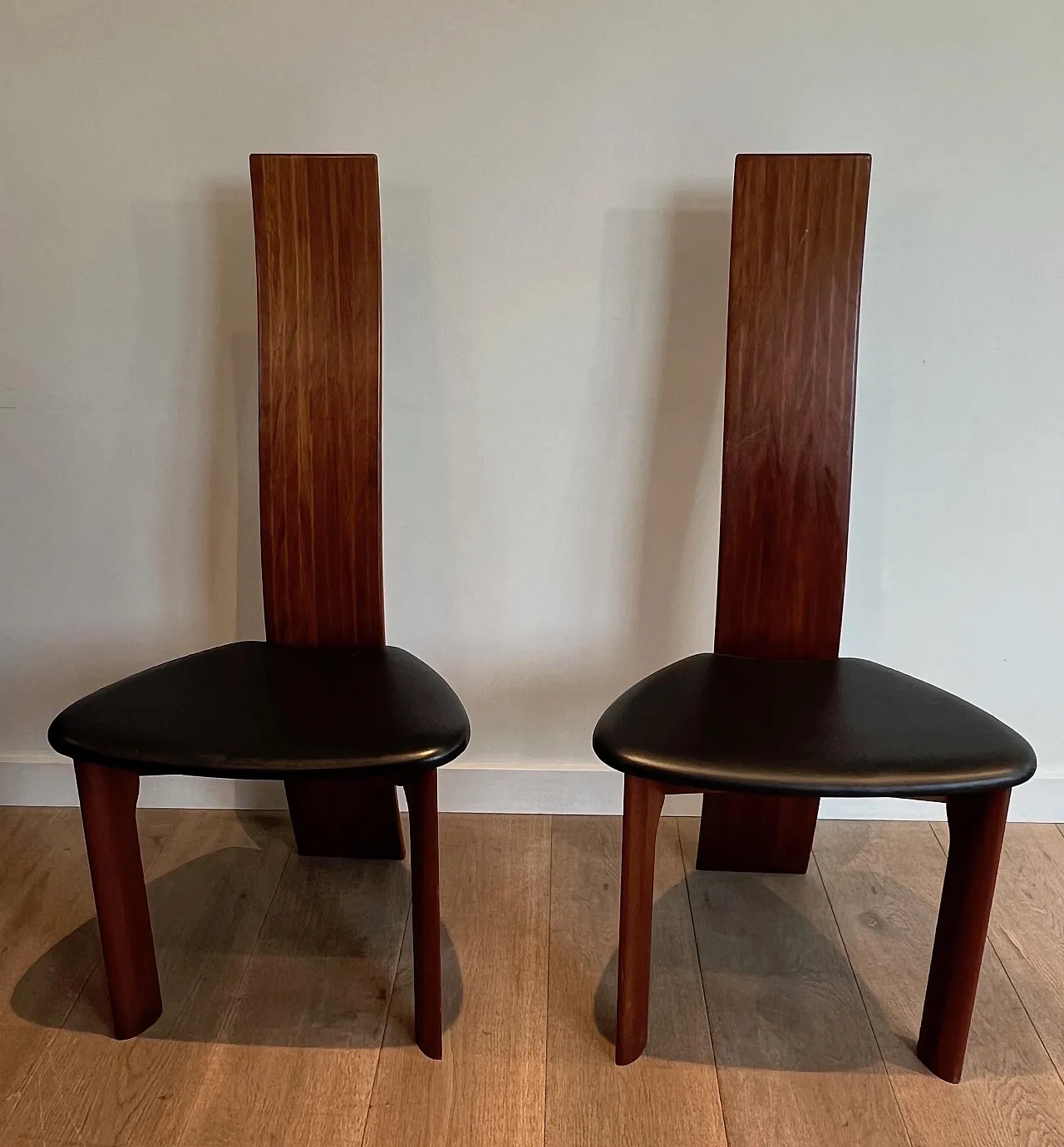 Pair of exotic wood and black leather chairs, 1970s 4