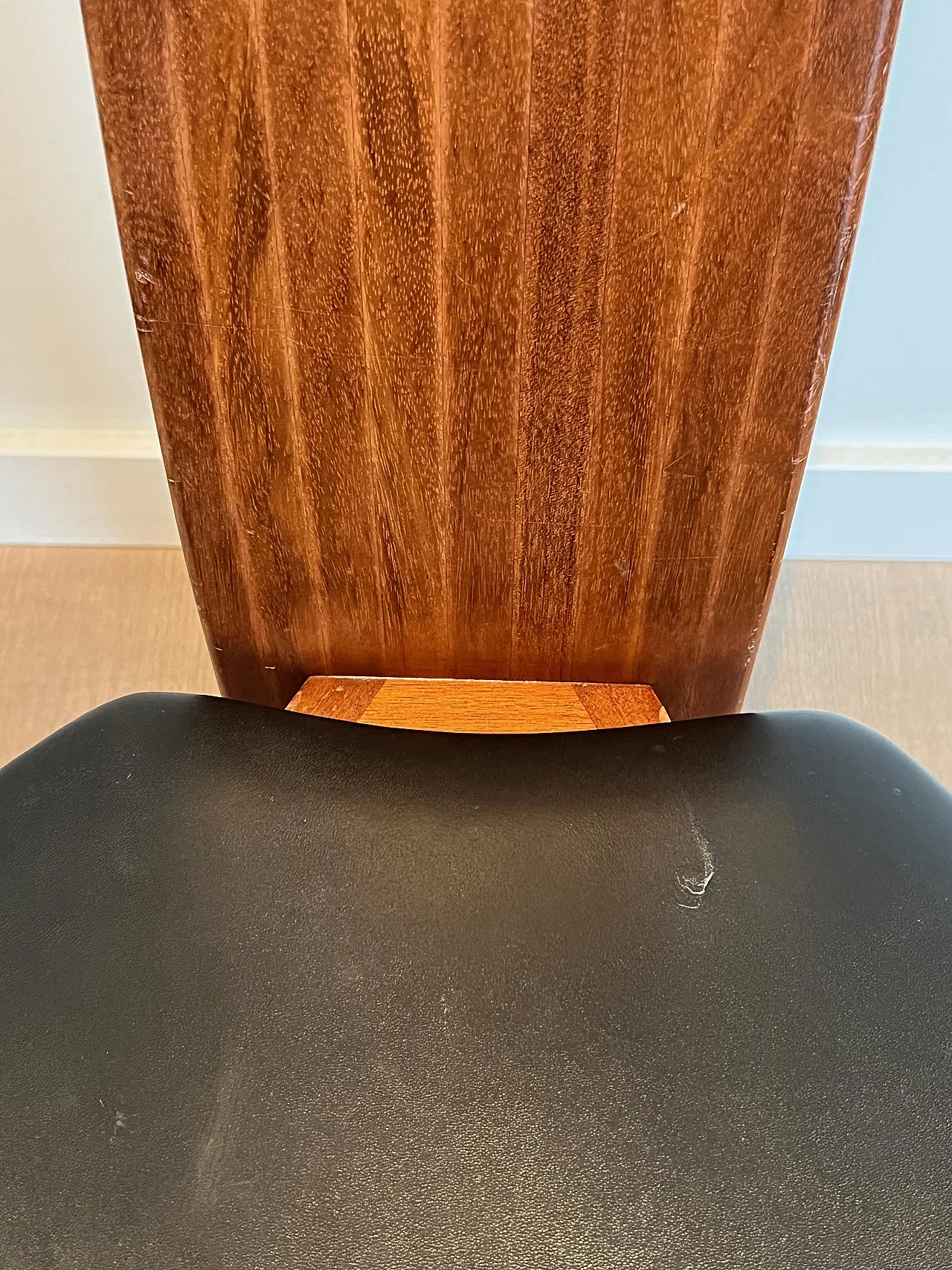 Pair of exotic wood and black leather chairs, 1970s 13