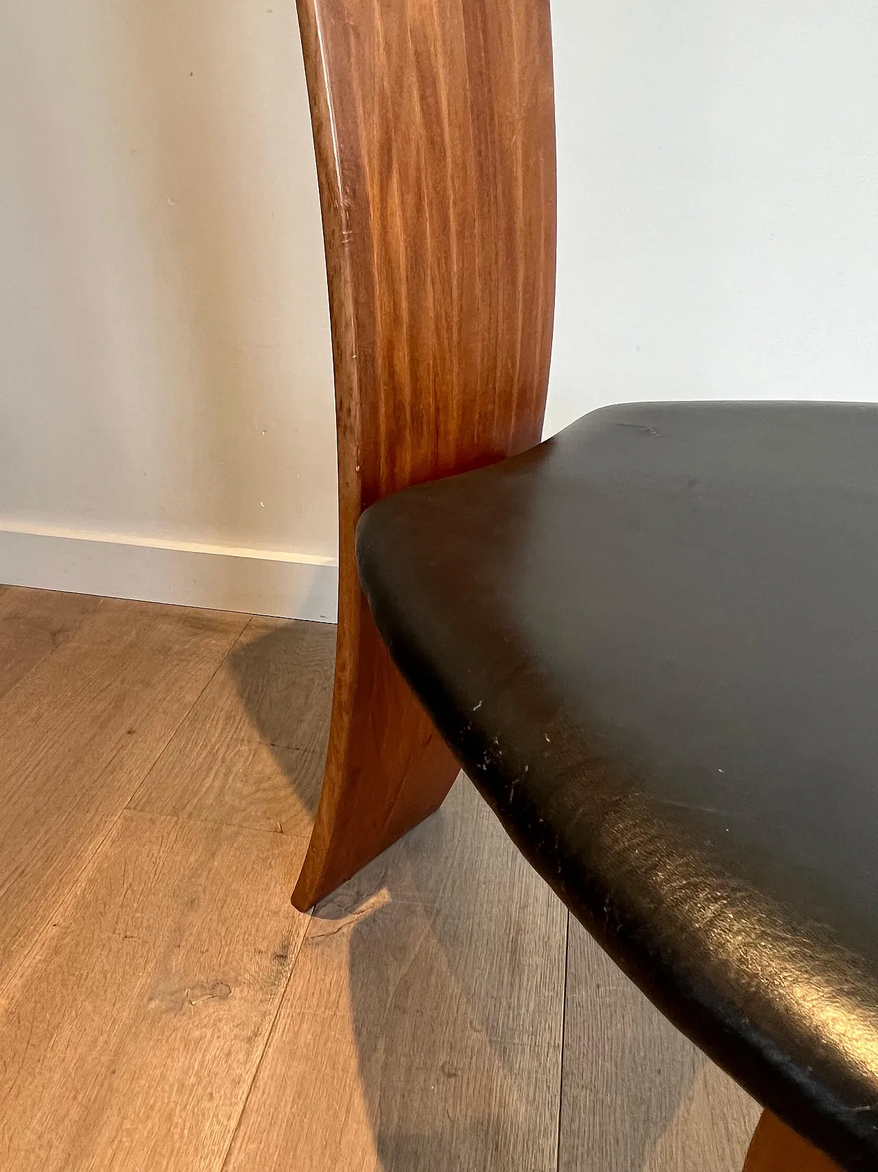Pair of exotic wood and black leather chairs, 1970s 15