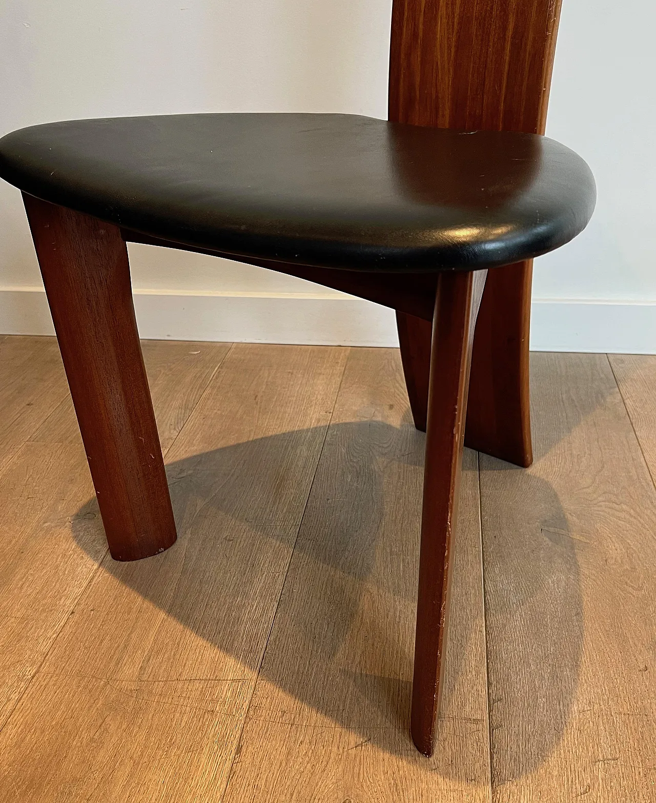 Pair of exotic wood and black leather chairs, 1970s 17
