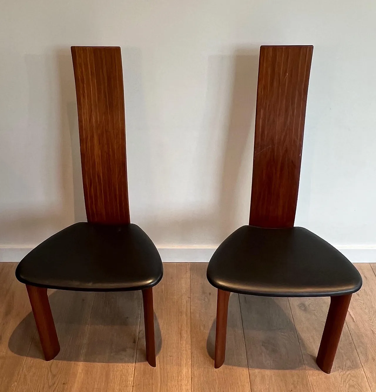 Pair of exotic wood and black leather chairs, 1970s 18
