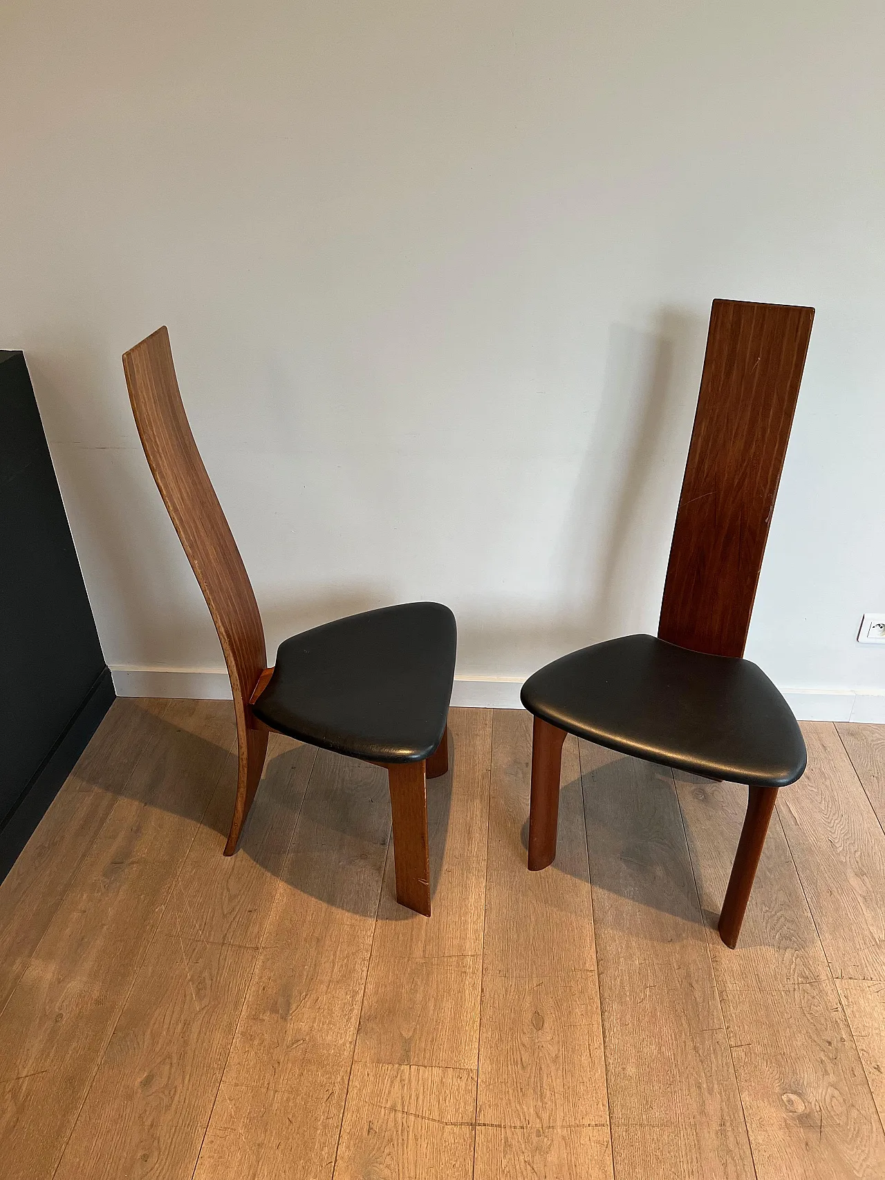 Pair of exotic wood and black leather chairs, 1970s 19