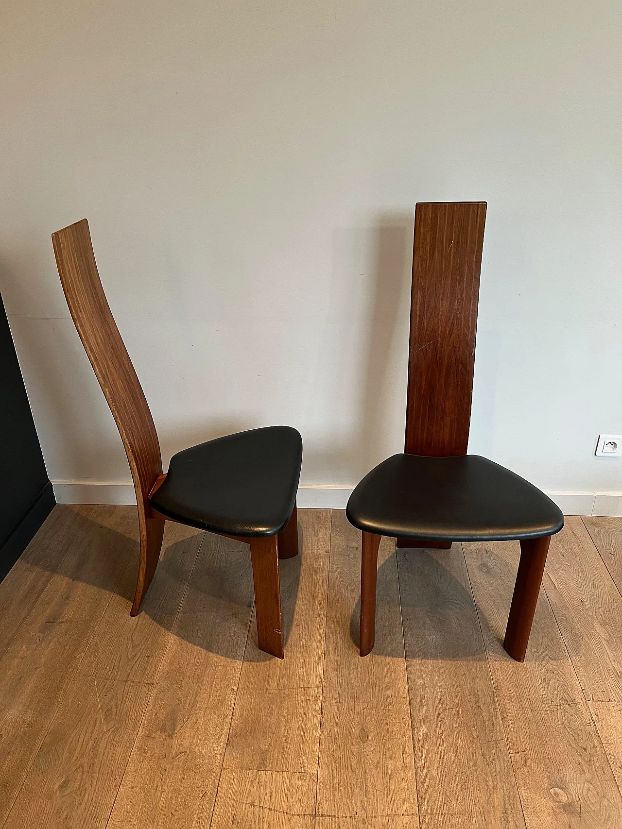 Pair of exotic wood and black leather chairs, 1970s 20