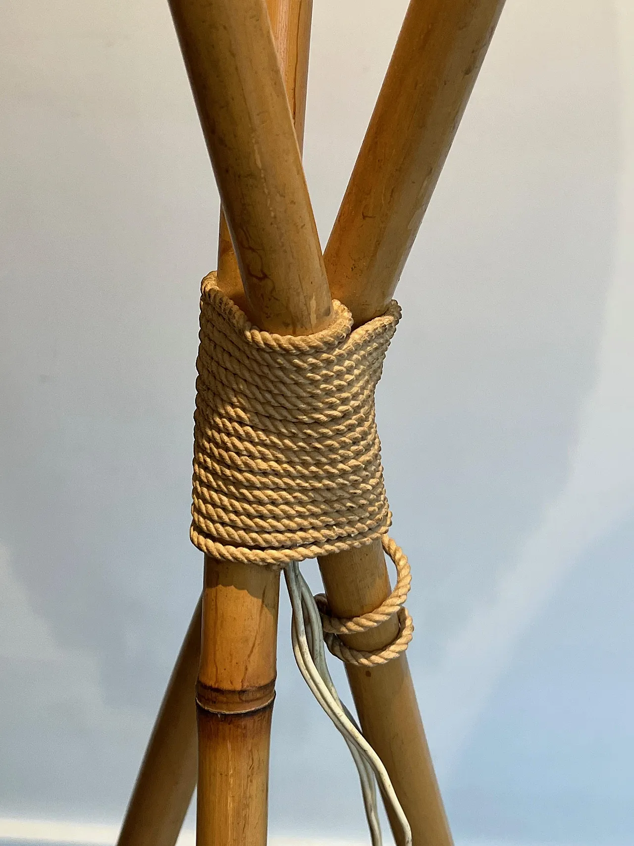 Lampada da terra a 3 luci in bambù e corda, anni '70 5