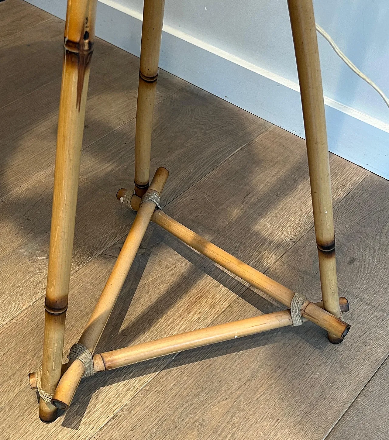 Lampada da terra a 3 luci in bambù e corda, anni '70 6