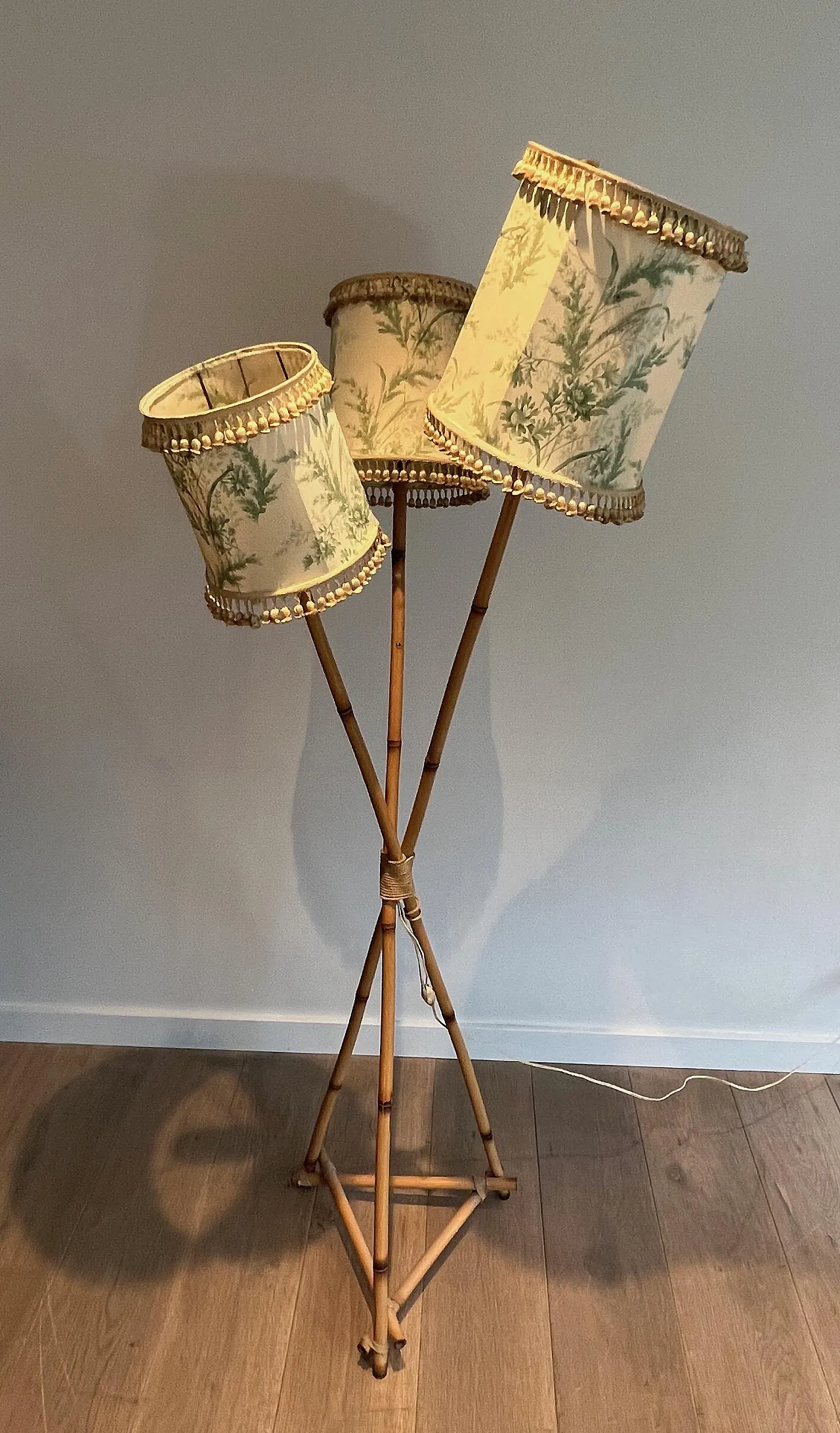 Lampada da terra a 3 luci in bambù e corda, anni '70 10