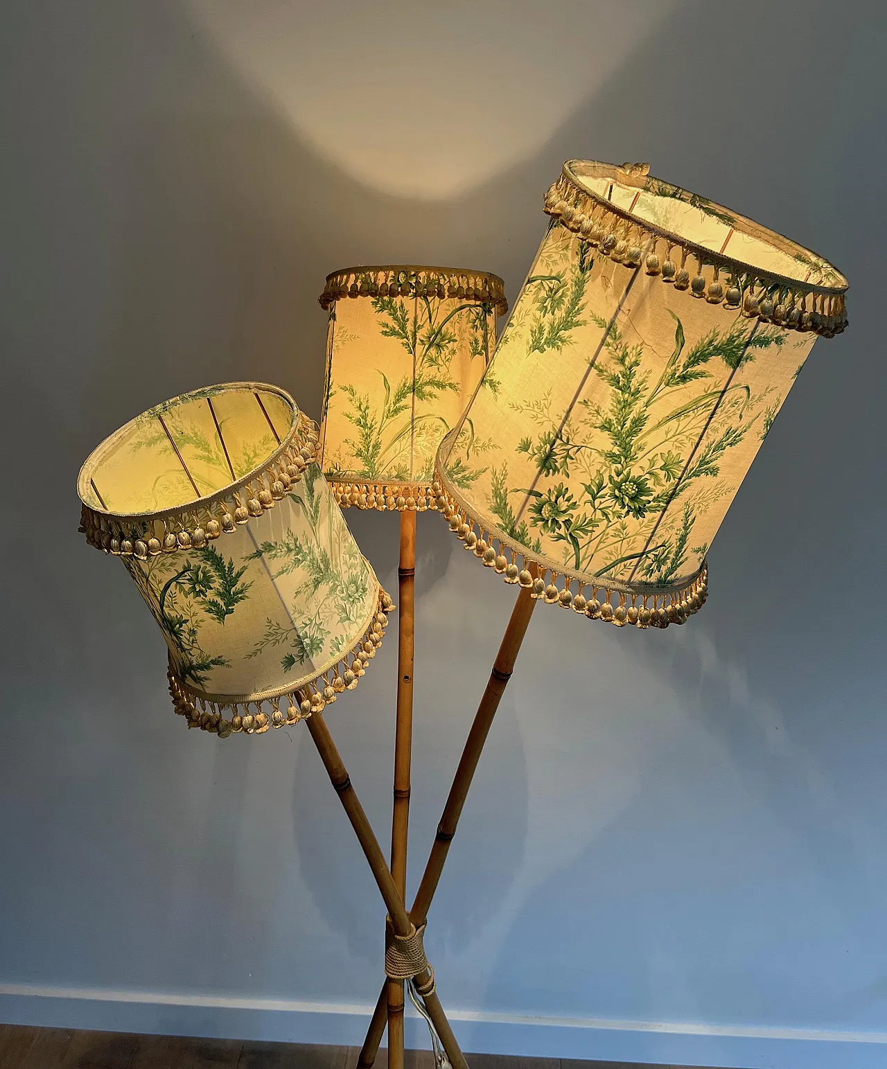 Lampada da terra a 3 luci in bambù e corda, anni '70 13