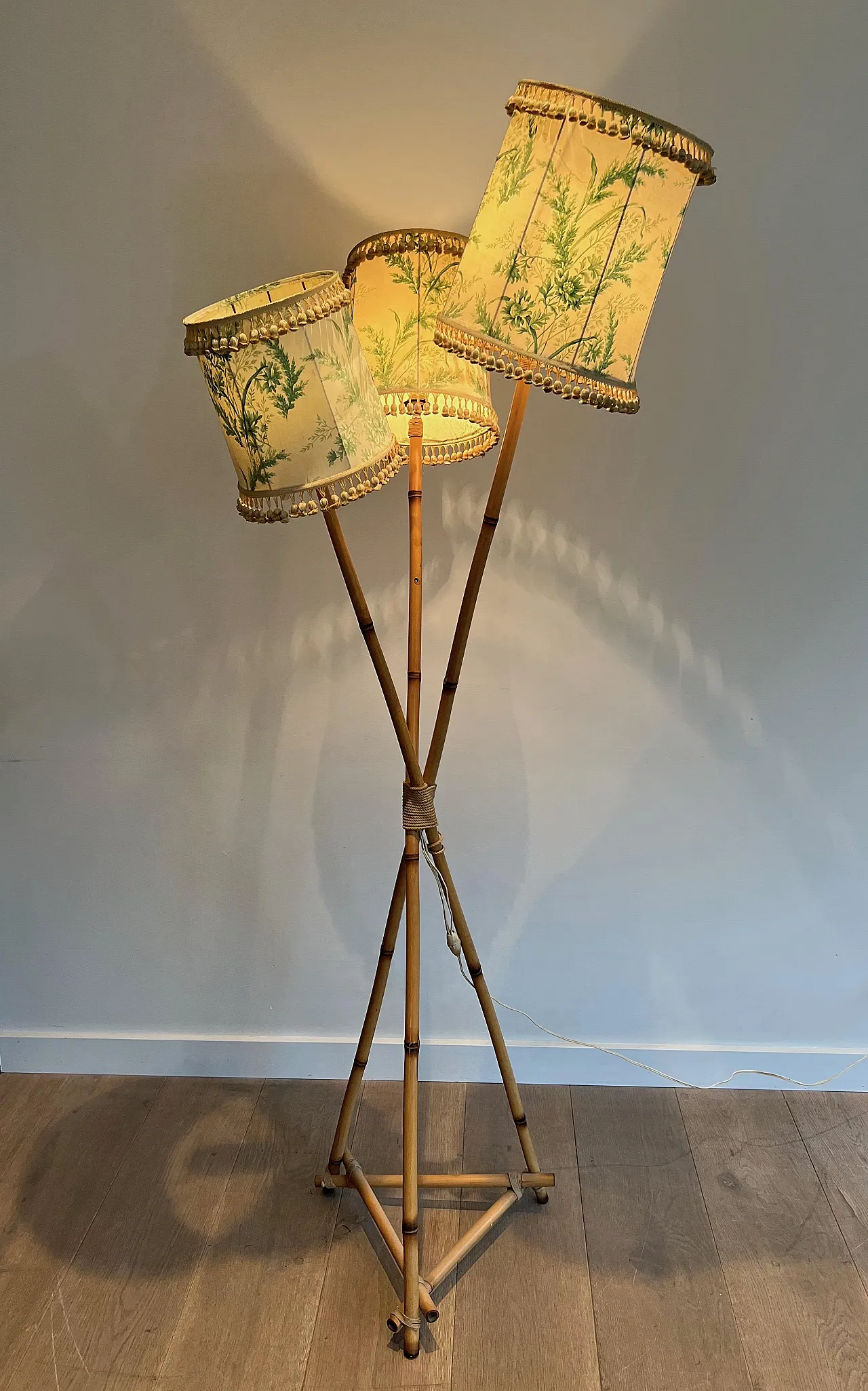 Lampada da terra a 3 luci in bambù e corda, anni '70 18