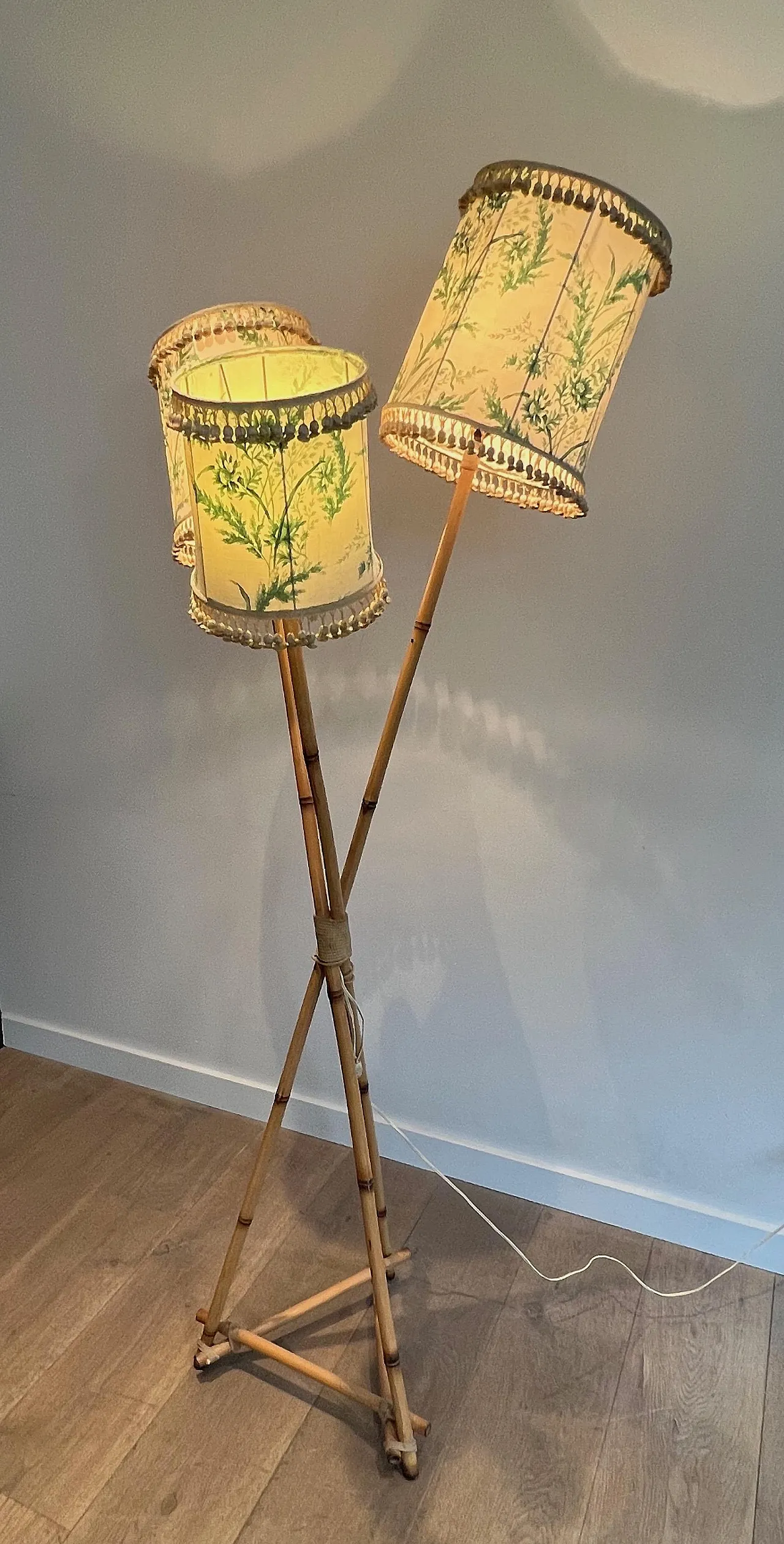 Lampada da terra a 3 luci in bambù e corda, anni '70 19