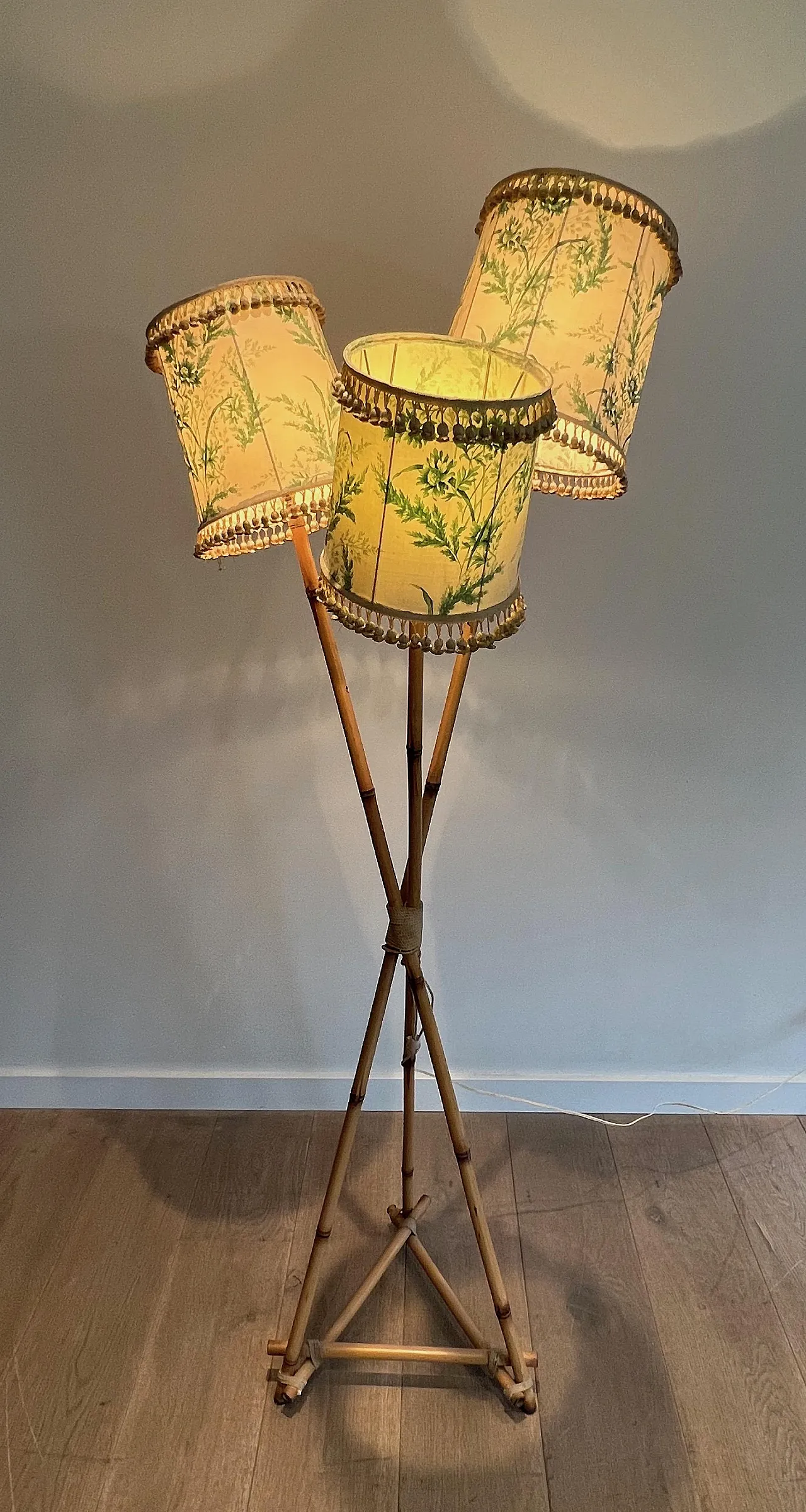 Lampada da terra a 3 luci in bambù e corda, anni '70 20