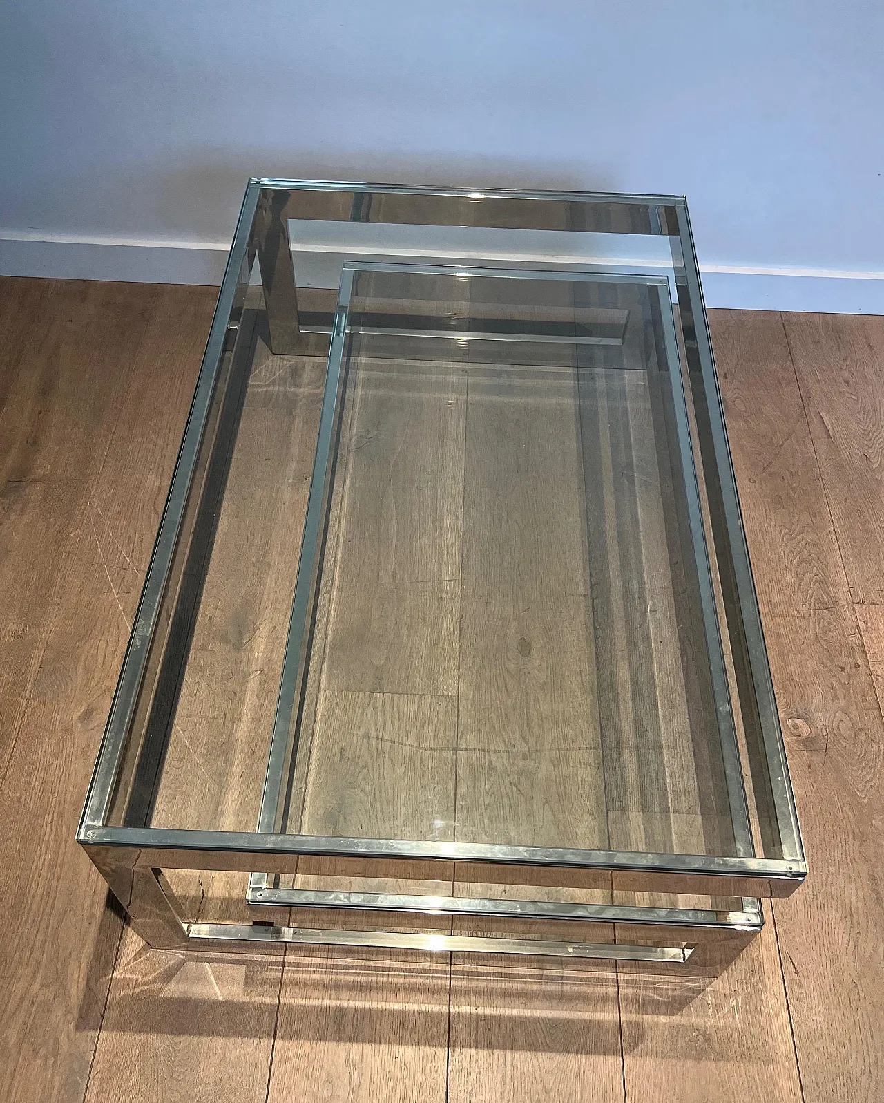 Tavolino cromato con 2 ripiani in vetro, anni '70 3