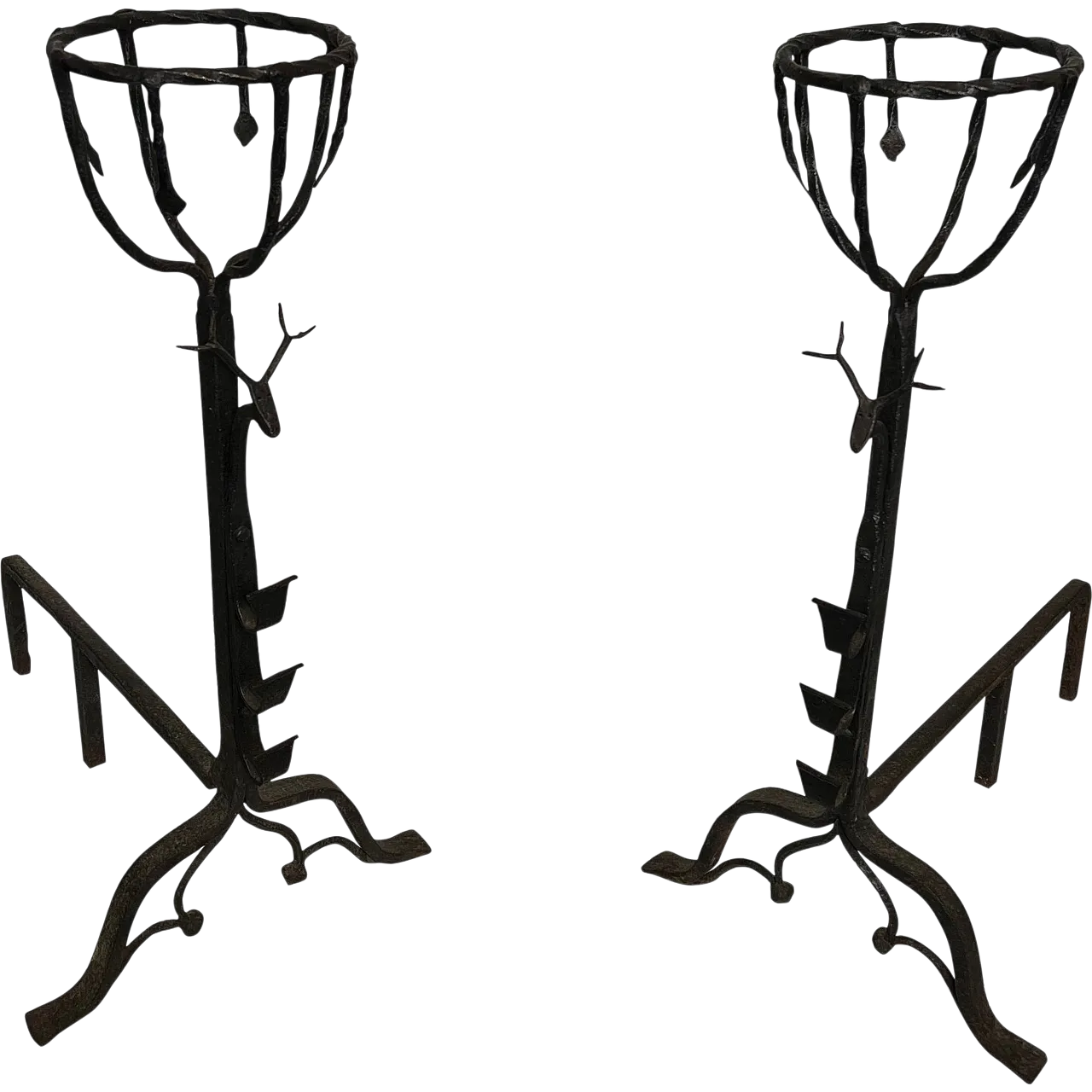 Coppia di androni Landiers in ferro battuto con teste di cervo, '800 21