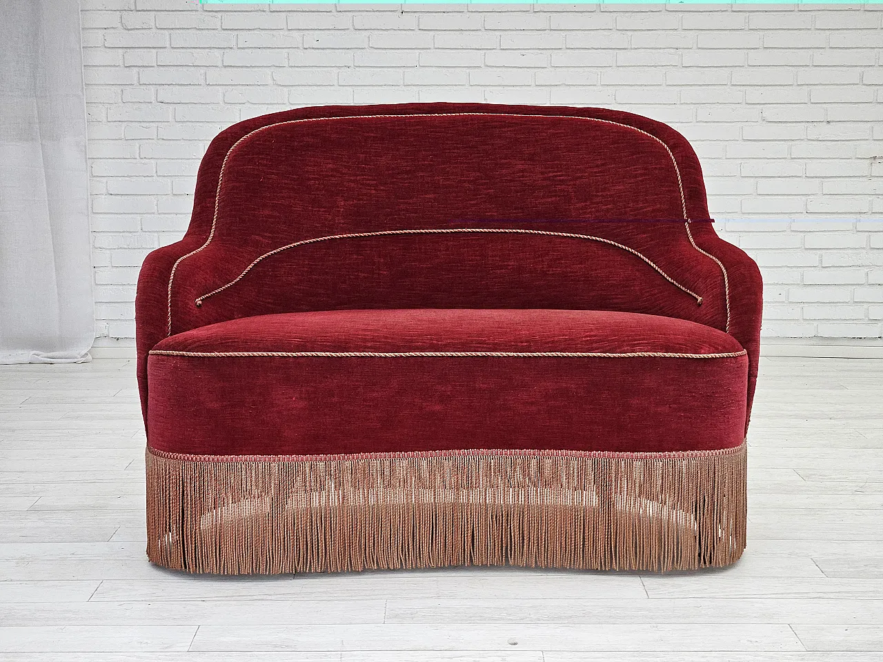 1950s, Danish 2-seater curved sofa, cherry-red furniture velour. 1