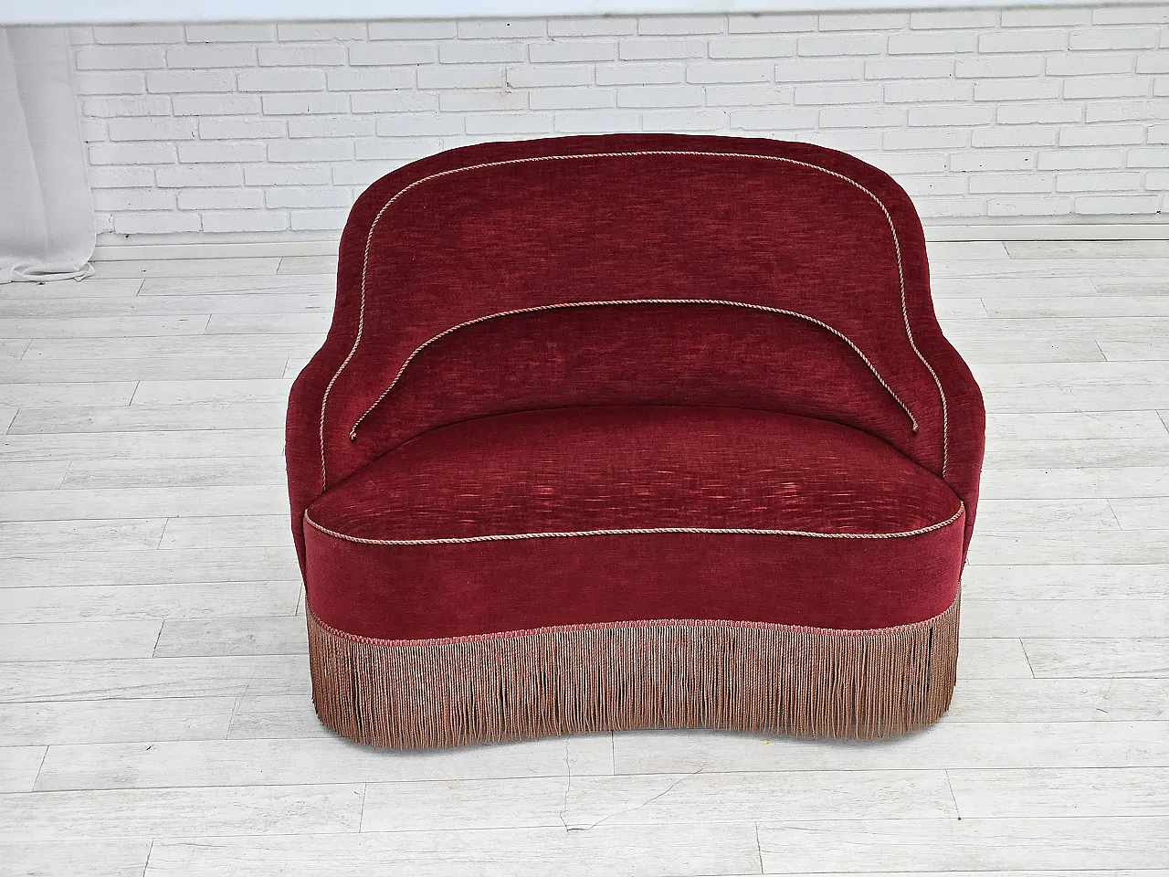 1950s, Danish 2-seater curved sofa, cherry-red furniture velour. 2