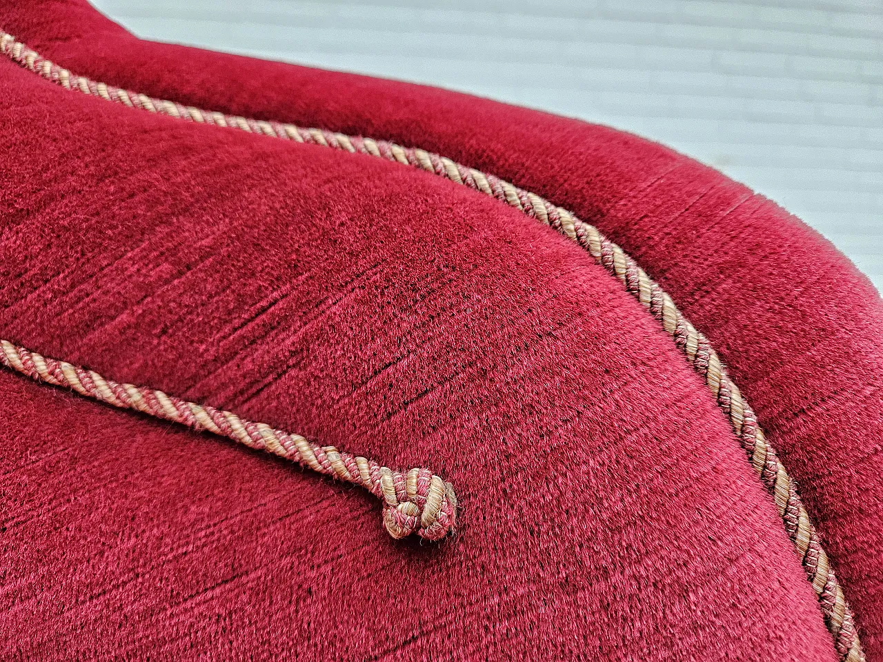 1950s, Danish 2-seater curved sofa, cherry-red furniture velour. 3