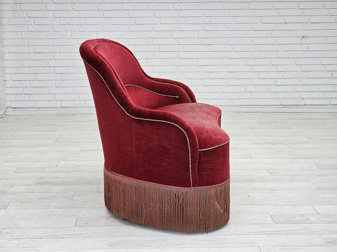 1950s, Danish 2-seater curved sofa, cherry-red furniture velour. 5