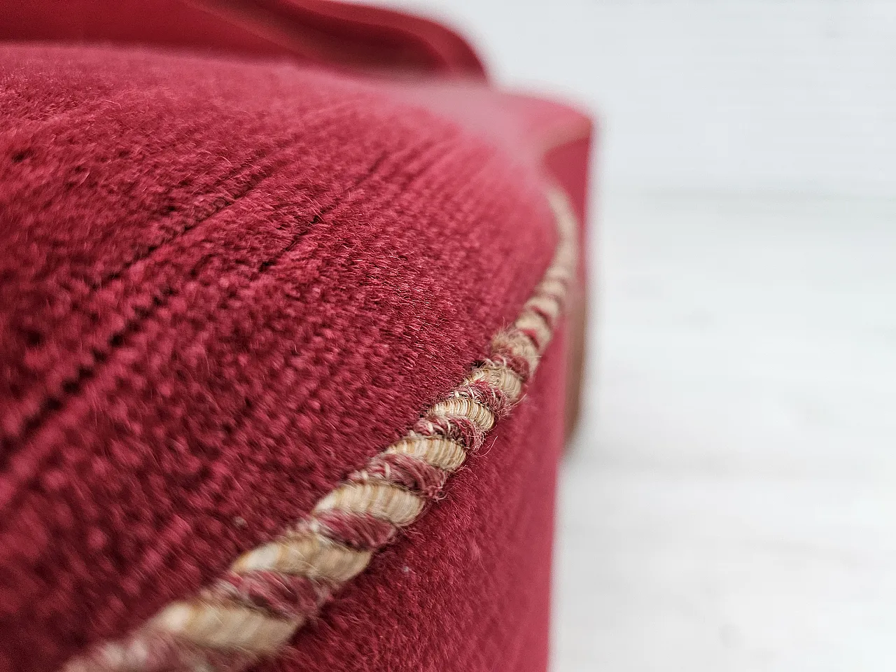 1950s, Danish 2-seater curved sofa, cherry-red furniture velour. 6