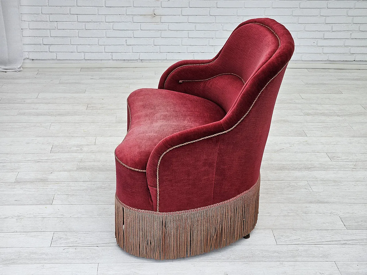 1950s, Danish 2-seater curved sofa, cherry-red furniture velour. 7