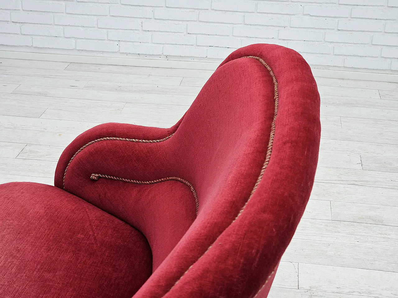 1950s, Danish 2-seater curved sofa, cherry-red furniture velour. 8