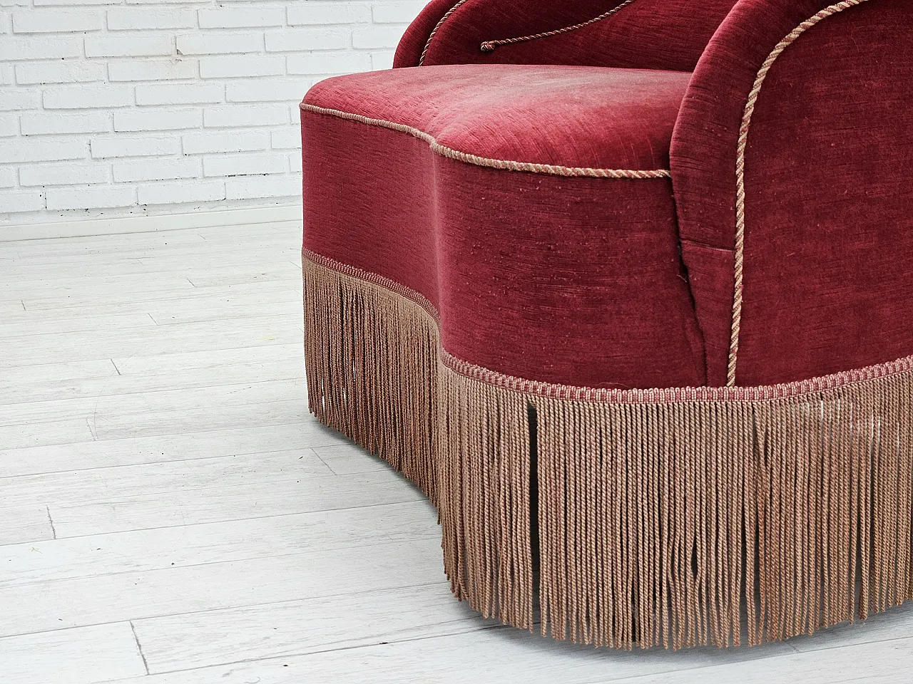 1950s, Danish 2-seater curved sofa, cherry-red furniture velour. 9