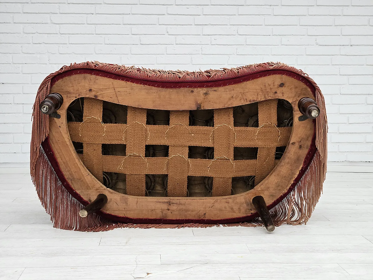 1950s, Danish 2-seater curved sofa, cherry-red furniture velour. 11