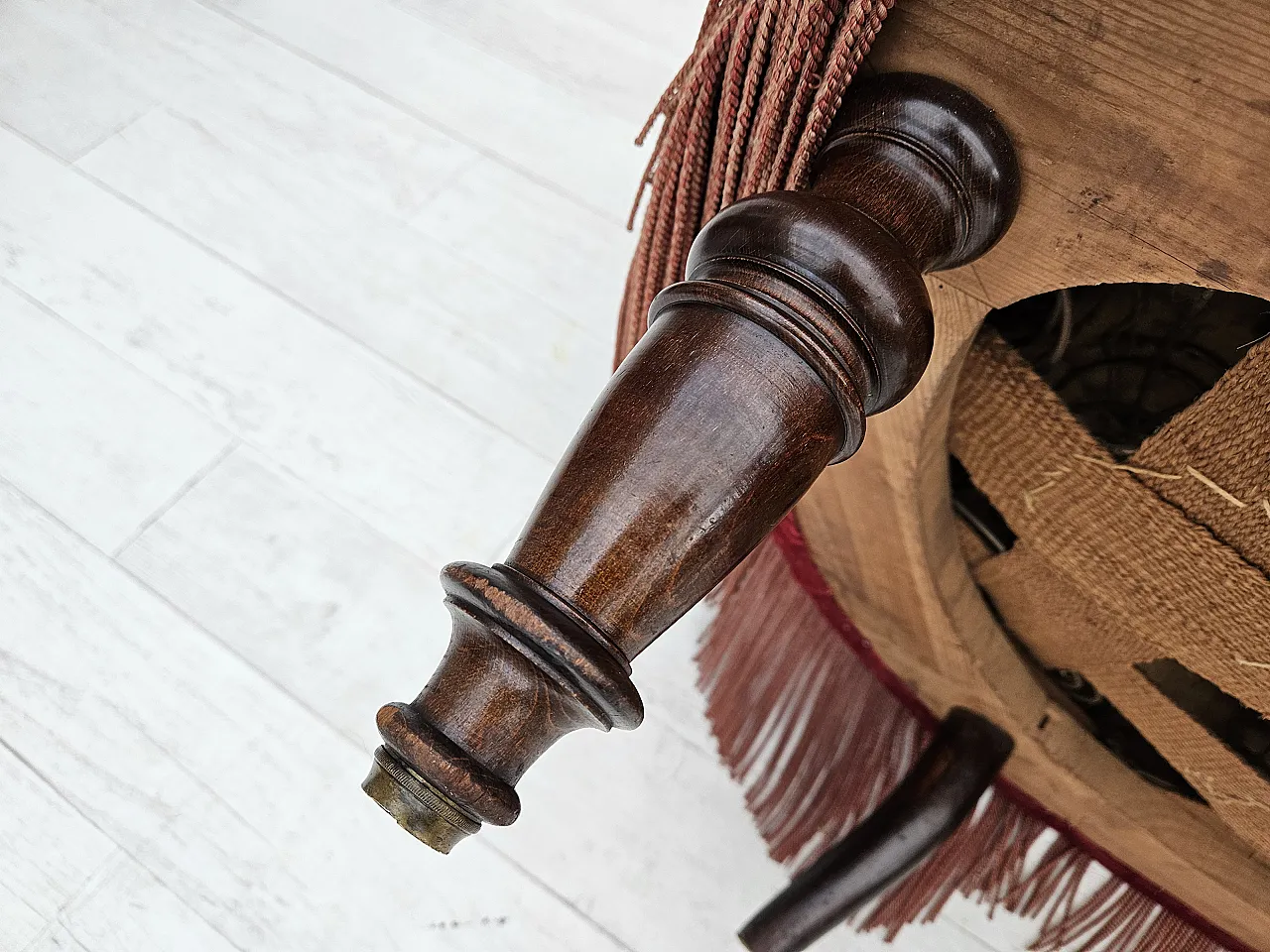 1950s, Danish 2-seater curved sofa, cherry-red furniture velour. 12