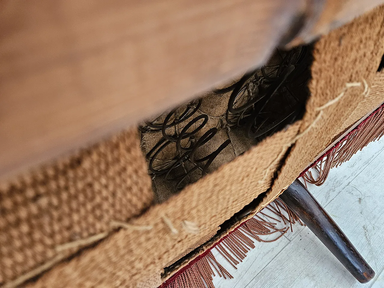 1950s, Danish 2-seater curved sofa, cherry-red furniture velour. 13
