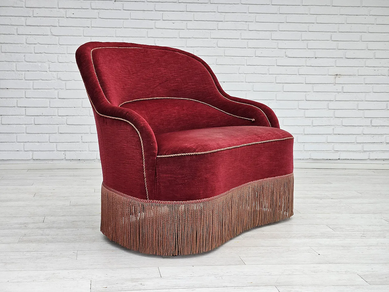 1950s, Danish 2-seater curved sofa, cherry-red furniture velour. 14