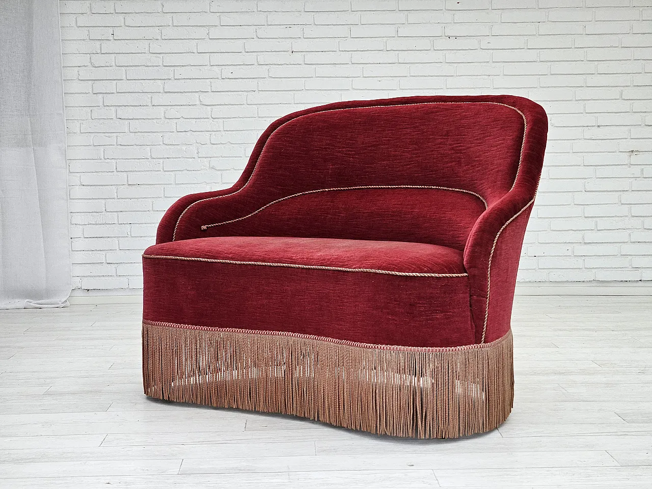 1950s, Danish 2-seater curved sofa, cherry-red furniture velour. 15