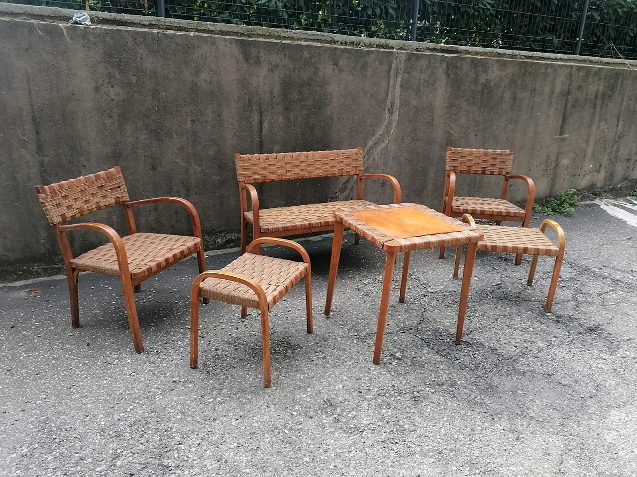 Salotto in legno curvo e corda nello stile di Giuseppe Pagan, anni '40 1