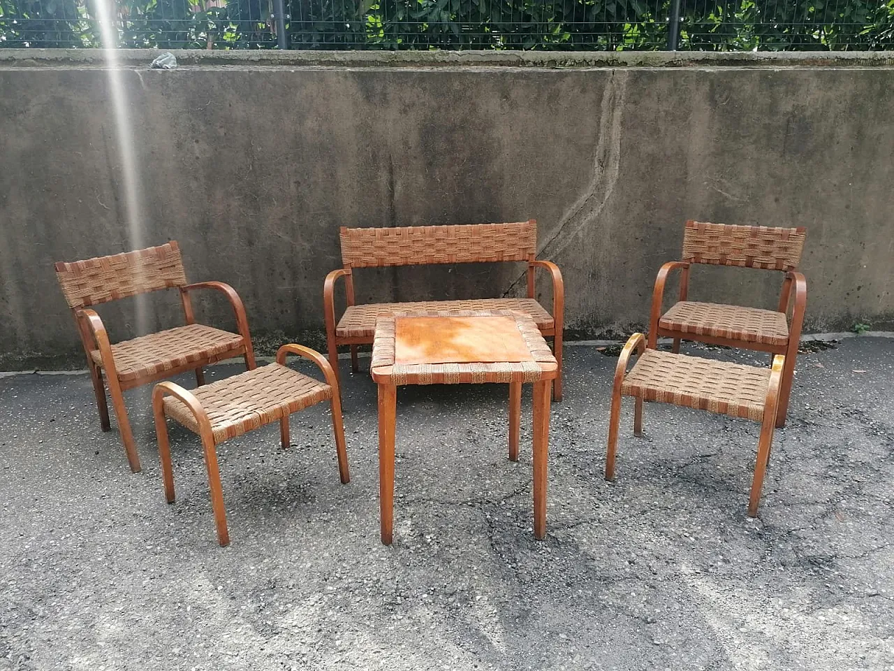 Salotto in legno curvo e corda nello stile di Giuseppe Pagan, anni '40 2