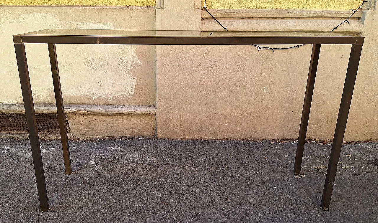 Consolle in ottone a sezione quadrata con ripiano in vetro, anni '50 1