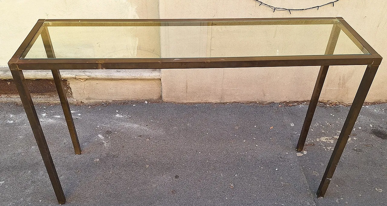 Consolle in ottone a sezione quadrata con ripiano in vetro, anni '50 2