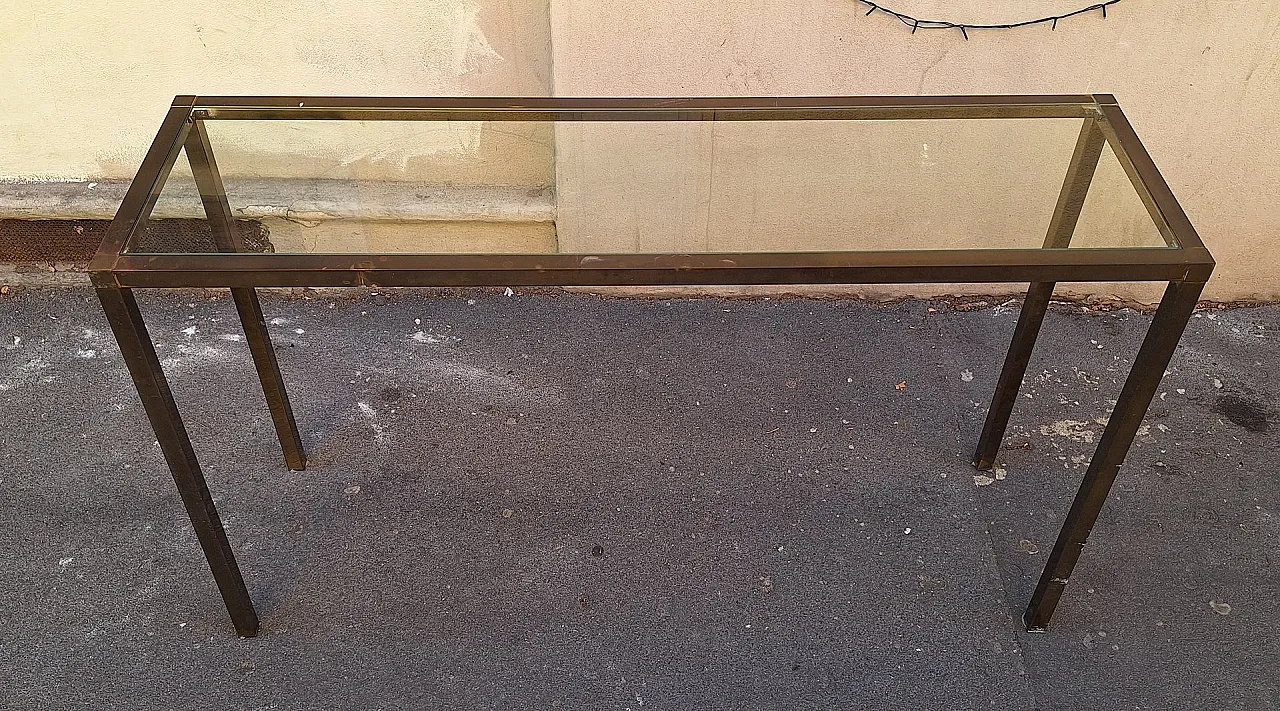 Consolle in ottone a sezione quadrata con ripiano in vetro, anni '50 3