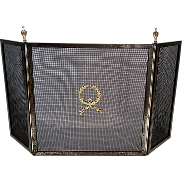 Neoclassical fireplace screen, brass and grille, 1940s
