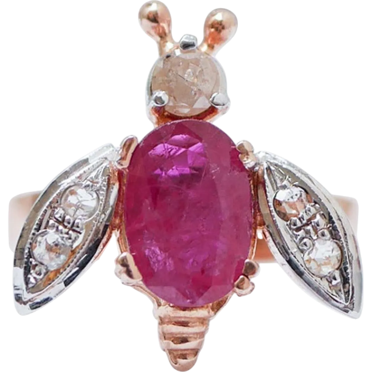 Anello con rubino, diamanti, oro rosa e argento, anni '70 7